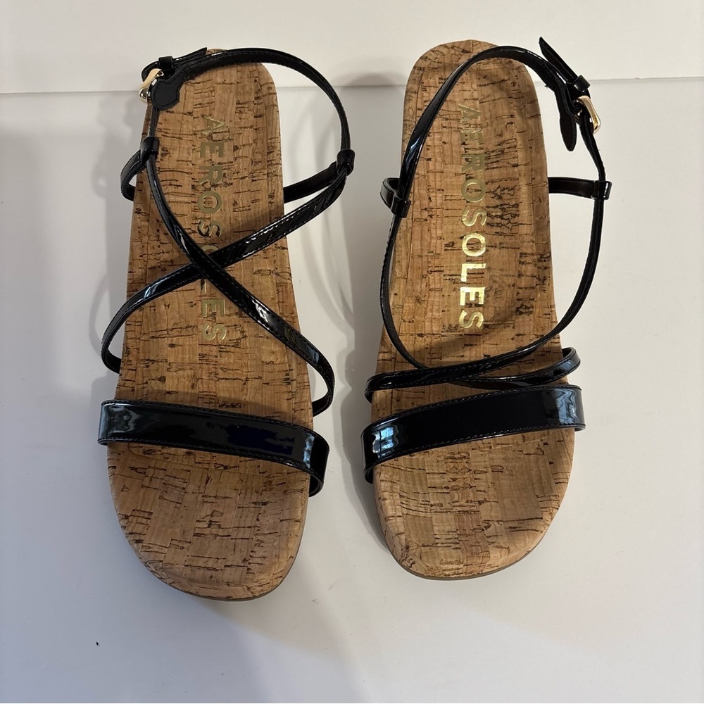 AEROSOLES Black Patent Cork Footbed Strappy Sandals